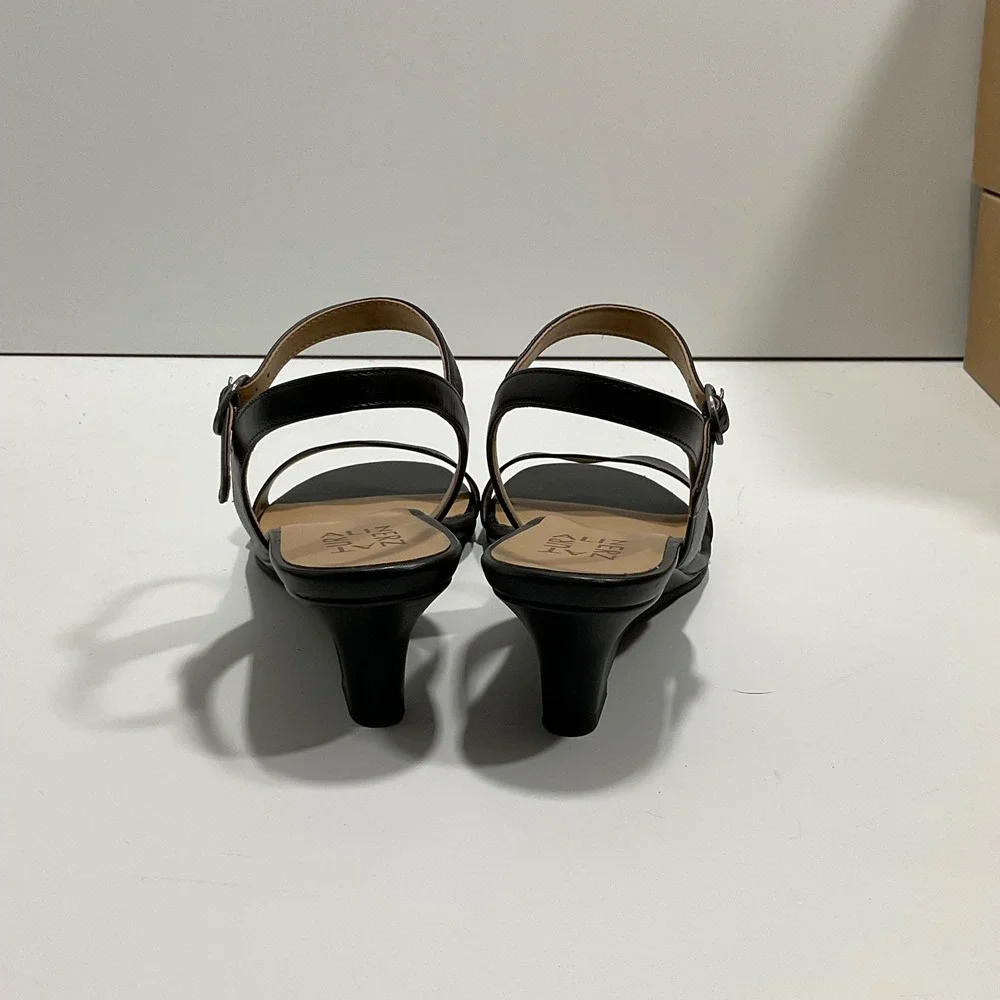 Naturalizer Lacey Black Leather Scalloped Low Wedge Sandals Womens 8.5 M